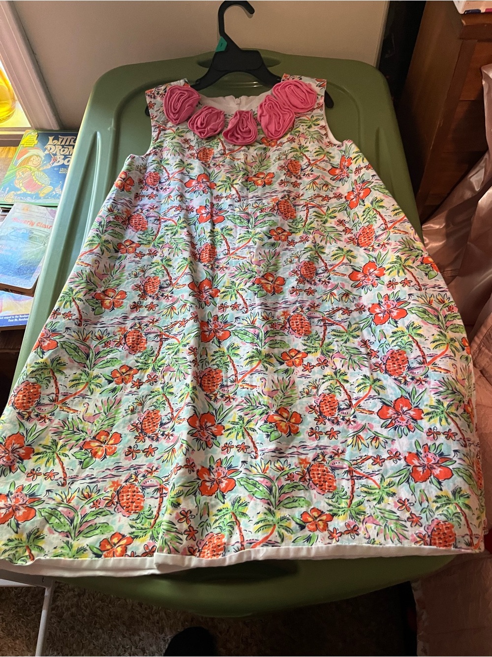 Sleeveless Girls Pineapple & Floral Dress with Pink Rosette Neckline